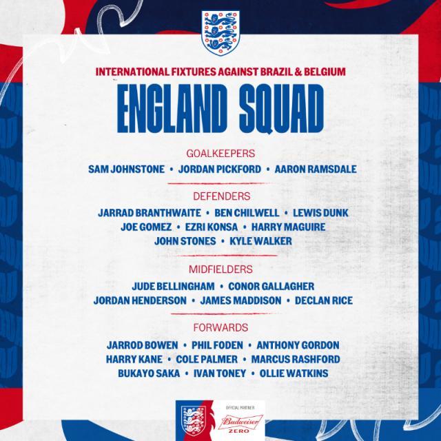 英格兰队公布新一期大名单:贝林厄姆领衔戈登在列